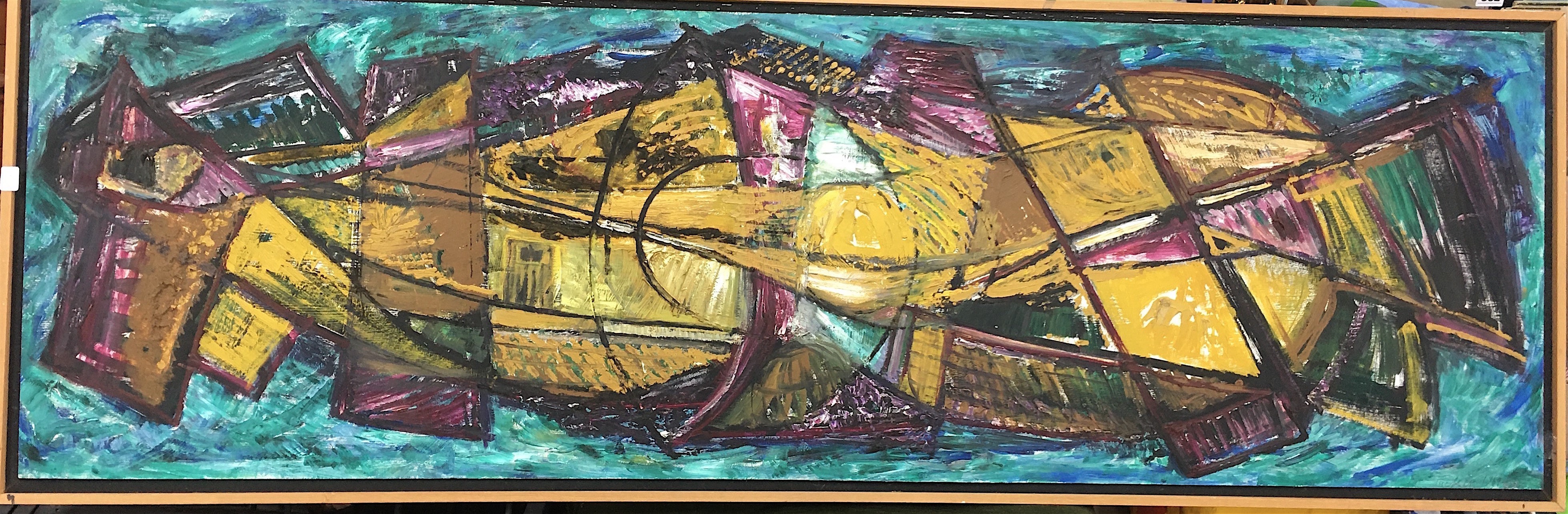 Pat Tucker, oil on board, Untitled, signed and dated 1969, 46 x 148cm